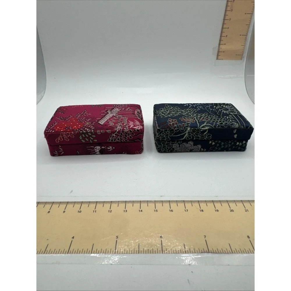 Set Of 2 Asian Ring Jewelry Box Compact Fabric Floral Portable - Rectangle